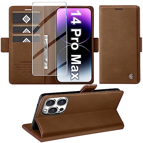 Giyer Handyhülle für iPhone 14 Pro Max Hülle mit Displayschutzfolie, Leder Wallet Kartenfach Ständer Tasche Schutzhülle für iPhone 14 Pro Max Flip Case Kameraschutz Vollschutz Klapphülle (Braun) von Giyer