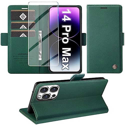 Giyer Handyhülle für iPhone 14 Pro Max Hülle mit Displayschutzfolie, Leder Wallet Kartenfach Ständer Tasche Schutzhülle für iPhone 14 Pro Max Flip Case Kameraschutz Vollschutz Klapphülle (Grün) von Giyer