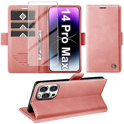 Giyer Handyhülle für iPhone 14 Pro Max Hülle mit Displayschutzfolie, Leder Wallet Kartenfach Ständer Tasche Schutzhülle für iPhone 14 Pro Max Flip Case Kameraschutz Vollschutz Klapphülle (Rosa) von Giyer