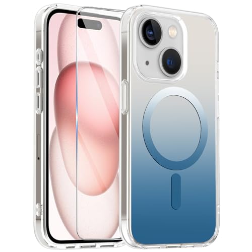Giyer Handyhülle für iPhone 15 Hülle mit Schutzfolie, Durchscheinende Matt Farbverlauf Kratzfeste Schutzhülle Phone 15 6.1'' Magnetic Case Cover [Unterstützt kabelloses Laden] (Blau) von Giyer