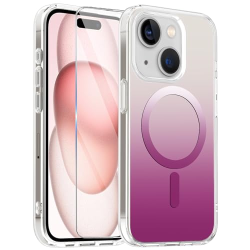 Giyer Handyhülle für iPhone 15 Hülle mit Schutzfolie, Durchscheinende Matt Farbverlauf Kratzfeste Schutzhülle Phone 15 6.1'' Magnetic Case Cover [Unterstützt kabelloses Laden] (Rosa) von Giyer
