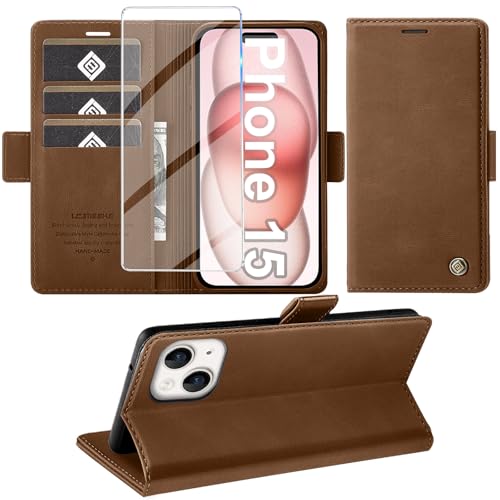 Giyer Handyhülle für iPhone 15 Hülle mit Schutzfolie, Standfunktion Kartenfach Wallet Premium Leder Schutzhülle für iPhone 15 5G 2023 Flip Case Cover Tache Stoßfeste Klapphülle (Braun) von Giyer