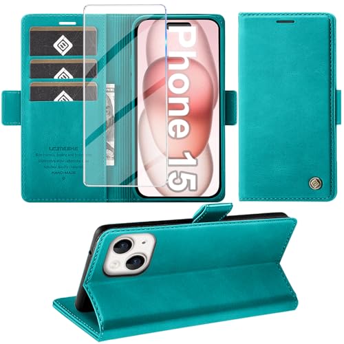 Giyer Handyhülle für iPhone 15 Hülle mit Schutzfolie, Standfunktion Kartenfach Wallet Premium Leder Schutzhülle für iPhone 15 5G 2023 Flip Case Cover Tache Stoßfeste Klapphülle (Cyan) von Giyer