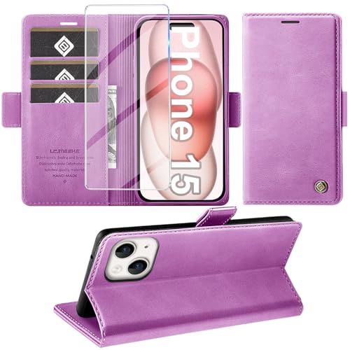 Giyer Handyhülle für iPhone 15 Hülle mit Schutzfolie, Standfunktion Kartenfach Wallet Premium Leder Schutzhülle für iPhone 15 5G 2023 Flip Case Cover Tache Stoßfeste Klapphülle (Lila) von Giyer