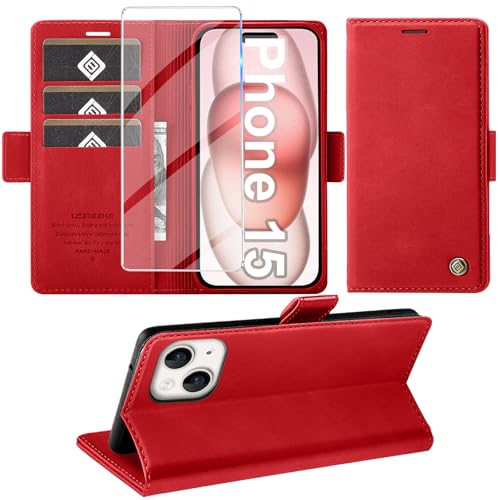 Giyer Handyhülle für iPhone 15 Hülle mit Schutzfolie, Standfunktion Kartenfach Wallet Premium Leder Schutzhülle für iPhone 15 5G 2023 Flip Case Cover Tache Stoßfeste Klapphülle (Rot) von Giyer