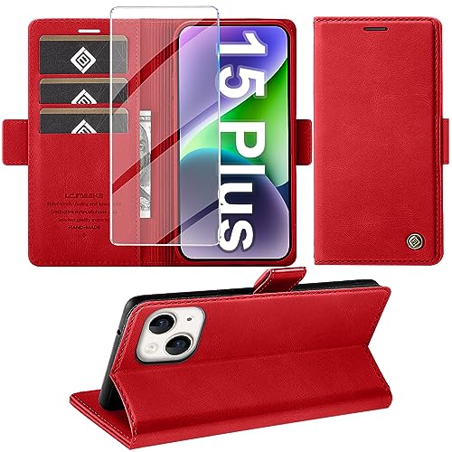 Giyer Handyhülle für iPhone 15 Plus Hülle mit Schutzfolie, Standfunktion Kartenfach Wallet Premium Leder Schutzhülle für iPhone 15 Plus 5G 2023 Flip Case Cover Tache Stoßfeste Klapphülle (Rot) von Giyer