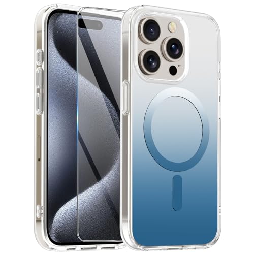 Giyer Handyhülle für iPhone 15 Pro Hülle mit Schutzfolie, Durchscheinende Matt Farbverlauf Kratzfeste Schutzhülle Phone 15 Pro 6.1'' Magnetic Case Cover [Unterstützt kabelloses Laden] (Blau, 15 Pro) von Giyer