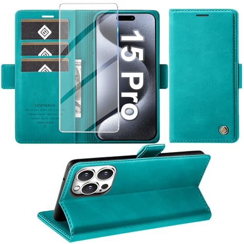 Giyer Handyhülle für iPhone 15 Pro Hülle mit Schutzfolie, Standfunktion Kartenfach Wallet Premium Leder Schutzhülle für iPhone 15 Pro 5G 2023 Flip Case Cover Tache Stoßfeste Klapphülle (Cyan) von Giyer