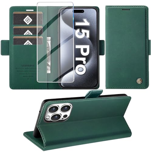 Giyer Handyhülle für iPhone 15 Pro Hülle mit Schutzfolie, Standfunktion Kartenfach Wallet Premium Leder Schutzhülle für iPhone 15 Pro 5G 2023 Flip Case Cover Tache Stoßfeste Klapphülle (Grün) von Giyer