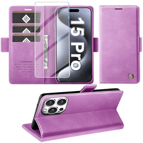 Giyer Handyhülle für iPhone 15 Pro Hülle mit Schutzfolie, Standfunktion Kartenfach Wallet Premium Leder Schutzhülle für iPhone 15 Pro 5G 2023 Flip Case Cover Tache Stoßfeste Klapphülle (Lila) von Giyer