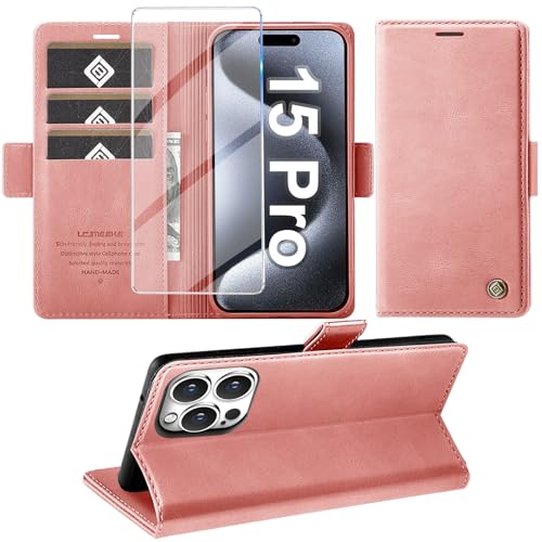 Giyer Handyhülle für iPhone 15 Pro Hülle mit Schutzfolie, Standfunktion Kartenfach Wallet Premium Leder Schutzhülle für iPhone 15 Pro 5G 2023 Flip Case Cover Tache Stoßfeste Klapphülle (Rosa) von Giyer