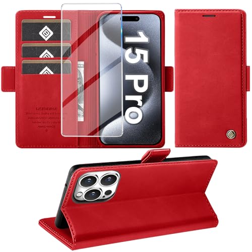 Giyer Handyhülle für iPhone 15 Pro Hülle mit Schutzfolie, Standfunktion Kartenfach Wallet Premium Leder Schutzhülle für iPhone 15 Pro 5G 2023 Flip Case Cover Tache Stoßfeste Klapphülle (Rot) von Giyer