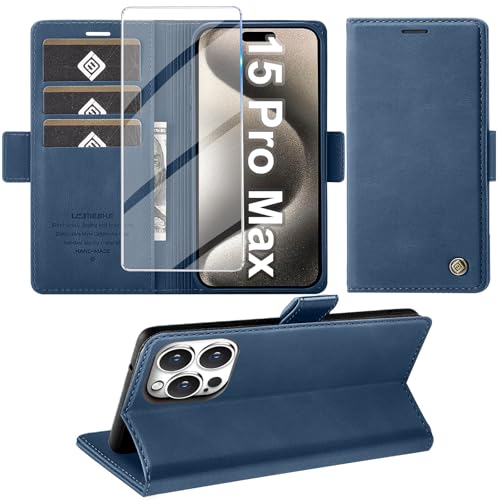 Giyer Handyhülle für iPhone 15 Pro Max Hülle mit Schutzfolie, Standfunktion Kartenfach Wallet Premium Leder Schutzhülle für iPhone 15 Pro Max 5G 2023 Flip Case Cover Tache Stoßfeste Klapphülle (Blau) Giyer Handyhülle für iPhone 15 Pro Max Hülle mit Schutzfolie, Standfunktion Kartenfach Wallet Premium Leder Schutzhülle für iPhone 15 Pro Max 5G 2023 Flip Case Cover Tache Stoßfeste Klapphülle (Blau) von Giyer