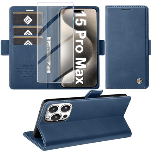 Giyer Handyhülle für iPhone 15 Pro Max Hülle mit Schutzfolie, Standfunktion Kartenfach Wallet Premium Leder Schutzhülle für iPhone 15 Pro Max 5G 2023 Flip Case Cover Tache Stoßfeste Klapphülle (Blau) von Giyer