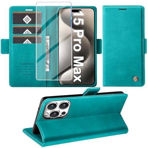 Giyer Handyhülle für iPhone 15 Pro Max Hülle mit Schutzfolie, Standfunktion Kartenfach Wallet Premium Leder Schutzhülle für iPhone 15 Pro Max 5G 2023 Flip Case Cover Tache Stoßfeste Klapphülle (Cyan) von Giyer