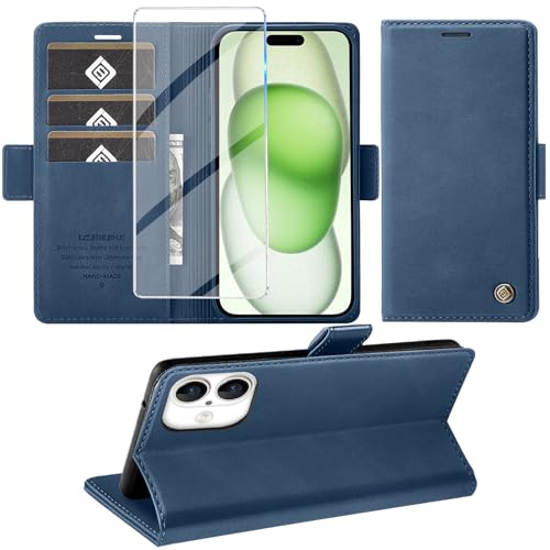 Giyer Handyhülle für iPhone 16 Plus Hülle mit Schutzfolie, Kartenfach Wallet Klapphülle Premium Leder Standfunktion Schutzhülle für iPhone 16 Plus 4G/5G Flip Case Cover Tasche (Blau) von Giyer