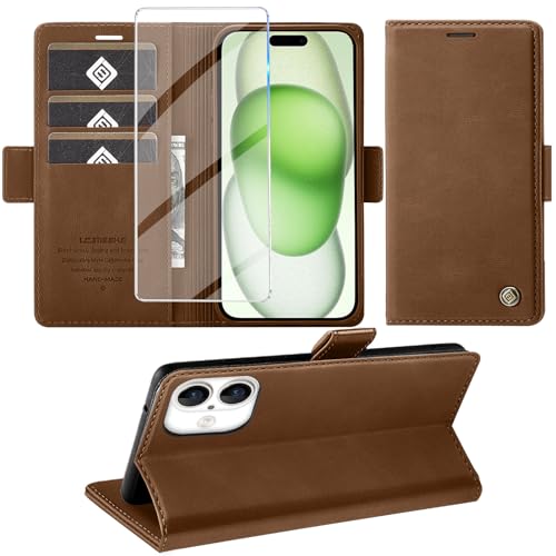 Giyer Handyhülle für iPhone 16 Plus Hülle mit Schutzfolie, Kartenfach Wallet Klapphülle Premium Leder Standfunktion Schutzhülle für iPhone 16 Plus 4G/5G Flip Case Cover Tasche (Braun) von Giyer