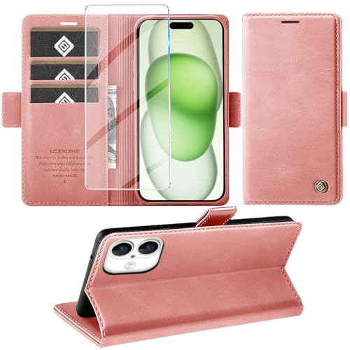 Giyer Handyhülle für iPhone 16 Plus Hülle mit Schutzfolie, Kartenfach Wallet Klapphülle Premium Leder Standfunktion Schutzhülle für iPhone 16 Plus 4G/5G Flip Case Cover Tasche (Rosa) von Giyer