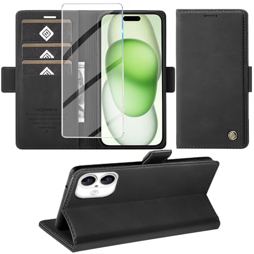 Giyer Handyhülle für iPhone 16 Plus Hülle mit Schutzfolie, Kartenfach Wallet Klapphülle Premium Leder Standfunktion Schutzhülle für iPhone 16 Plus 4G/5G Flip Case Cover Tasche (Schwarz) von Giyer