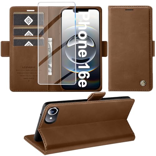 Giyer Handyhülle für iPhone 16e Hülle mit Schutzfolie, Kartenfach Wallet Klapphülle Premium Leder Standfunktion Schutzhülle für iPhone 16e 2025 Flip Case Cover Tasche (Braun) von Giyer