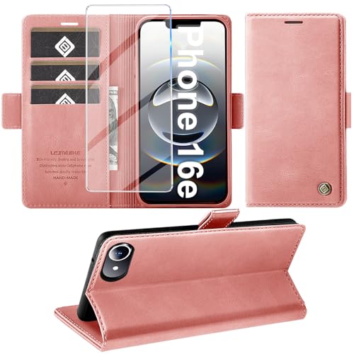 Giyer Handyhülle für iPhone 16e Hülle mit Schutzfolie, Kartenfach Wallet Klapphülle Premium Leder Standfunktion Schutzhülle für iPhone 16e 2025 Flip Case Cover Tasche (Rosa) von Giyer