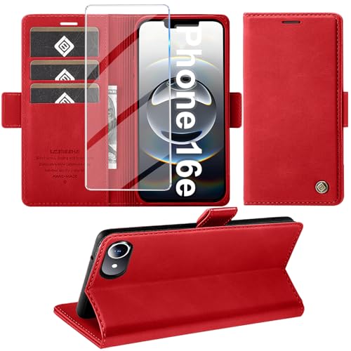 Giyer Handyhülle für iPhone 16e Hülle mit Schutzfolie, Kartenfach Wallet Klapphülle Premium Leder Standfunktion Schutzhülle für iPhone 16e 2025 Flip Case Cover Tasche (Rot) von Giyer