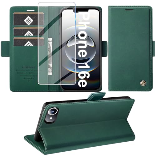 Giyer Handyhülle für iPhone 16e Hülle mit Schutzfolie, Kartenfach Wallet Klapphülle Premium Leder Standfunktion Schutzhülle für iPhone 16e 2025 Flip Case Cover Tasche (Grün) von Giyer