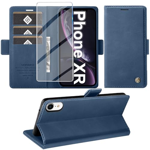 Giyer Handyhülle für iPhone XR Hülle mit Schutzfolie, Kartenfach Wallet Klapphülle Premium Leder Standfunktion Schutzhülle für iPhone XR Flip Case Cover Tasche (Blau) von Giyer