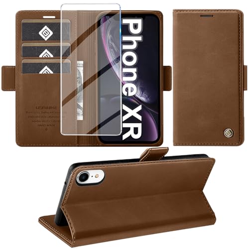 Giyer Handyhülle für iPhone XR Hülle mit Schutzfolie, Kartenfach Wallet Klapphülle Premium Leder Standfunktion Schutzhülle für iPhone XR Flip Case Cover Tasche (Braun) von Giyer