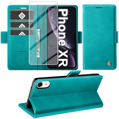 Giyer Handyhülle für iPhone XR Hülle mit Schutzfolie, Kartenfach Wallet Klapphülle Premium Leder Standfunktion Schutzhülle für iPhone XR Flip Case Cover Tasche (Cyan) von Giyer