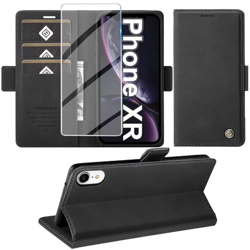 Giyer Handyhülle für iPhone XR Hülle mit Schutzfolie, Kartenfach Wallet Klapphülle Premium Leder Standfunktion Schutzhülle für iPhone XR Flip Case Cover Tasche (Schwarz) von Giyer
