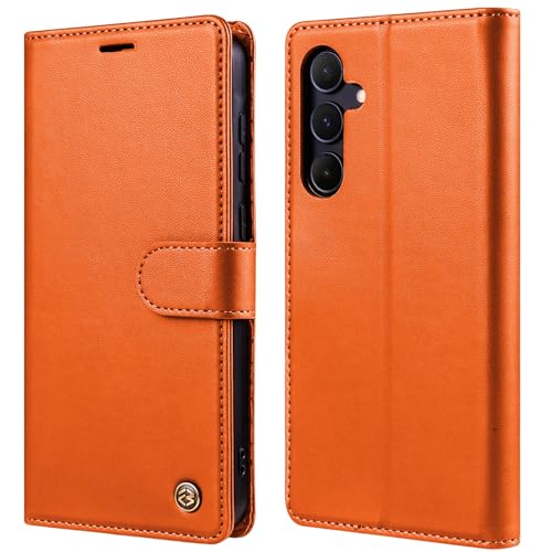 Giyer Leder Handyhülle für Samsung Galaxy S23 Hülle mit Schutzfolie, PU Kartenfach Wallet Schutzhülle Smartphone Galaxy S23 5G Stoßfest Ständer Flip Case für Samsung S23 Neue Klapphülle (Orange) von Giyer