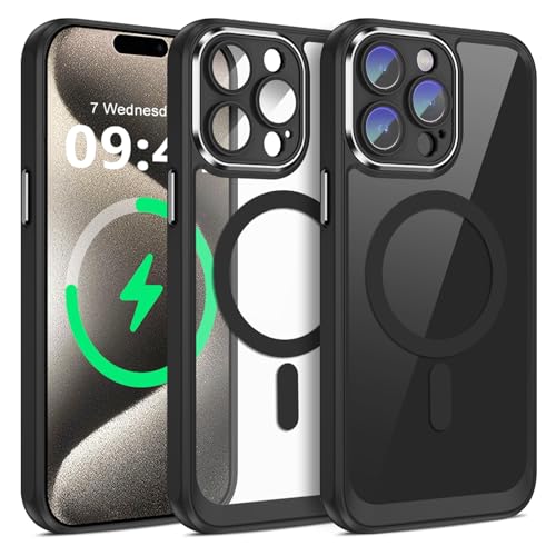 Giyer Magnetisch Handyhülle für iPhone 15/15 Pro/15 Pro Max Hülle mit Schutzfolie, Schutzhülle für Magsafe, Transparent Stoßfest Bumper Kameraschutz Case Cover Tasche (Schwarz, iPhone 15 Pro Max) Giyer Magnetisch Handyhülle für iPhone 15/15 Pro/15 Pro Max Hülle mit Schutzfolie, Schutzhülle für Magsafe, Transparent Stoßfest Bumper Kameraschutz Case Cover Tasche (Schwarz, iPhone 15 Pro Max) von Giyer
