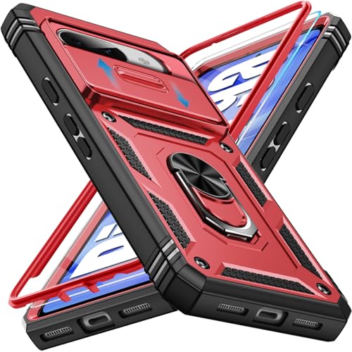 Giyer Panzerhülle für Google Pixel 9A Hülle mit Schutzfolie, Handyhülle Pixel 9A Case mit Kameraschutz 360° Metall Ring Ständer, Stoßfest Schutzhülle für Google Pixel 9A 5G Cover Tasche (Rot) von Giyer