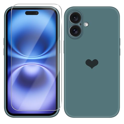 Giyer Silikon Handyhülle für iPhone 16 Hülle mit Schutzfolie, Case für iPhone 16 Herz Motiv Muster Flüssig Dünn Weiches Mikrofaserfutter Schutzhülle für iPhone 16 Cover mit Kameraschutz (Grün) von Giyer