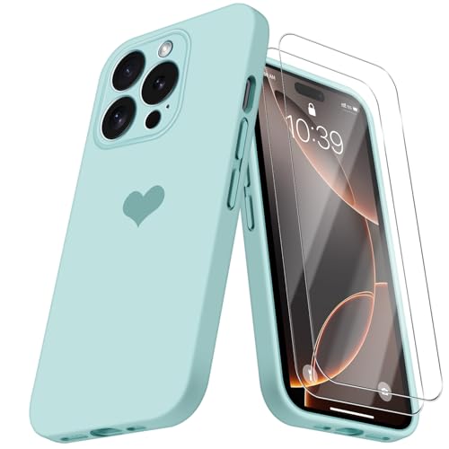 Giyer Silikon Handyhülle für iPhone 16 Pro Hülle mit Schutzfolie, Case für iPhone 16 Pro Herz Motiv Muster Flüssig Dünn Weiches Mikrofaserfutter Schutzhülle für iPhone 16 Pro Cover (Cyan) von Giyer