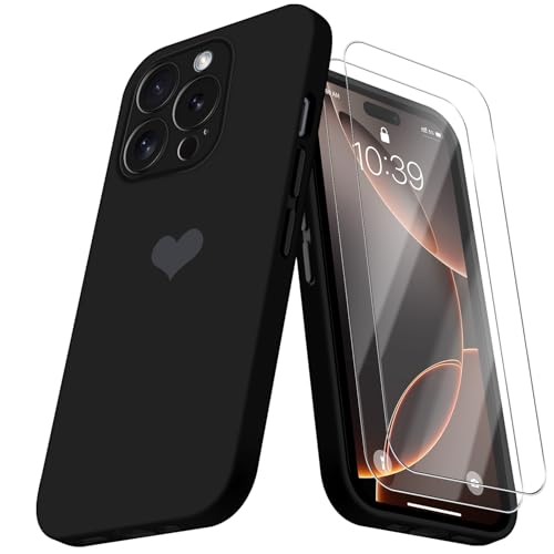 Giyer Silikon Handyhülle für iPhone 16 Pro Hülle mit Schutzfolie, Case für iPhone 16 Pro Herz Motiv Muster Flüssig Dünn Weiches Mikrofaserfutter Schutzhülle für iPhone 16 Pro Cover (Schwarz) von Giyer