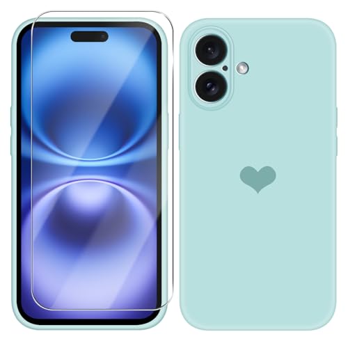 Giyer Silikon Handyhülle für iPhone 16 mit Schutzfolie, Case mit Herz Motiv, Flüssig, Dünn, Weiches Mikrofaserfutter, 360° Fallschutz, Kameraschutz (Cyan) Giyer Silikon Handyhülle für iPhone 16 mit Schutzfolie, Case mit Herz Motiv, Flüssig, Dünn, Weiches Mikrofaserfutter, 360° Fallschutz, Kameraschutz (Cyan) von Giyer