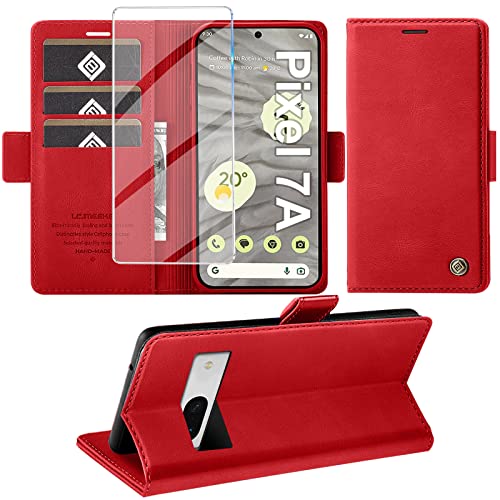 Giyer für Google Pixel 7A Hülle mit Displayschutzfolie, Handyhülle Pixel 7A 5G Premium Leder Wallet Klapphülle Standfunktion Kartenfach Schutzhülle für Google 7A Lederhülle Flip Case Cover (Rot) von Giyer