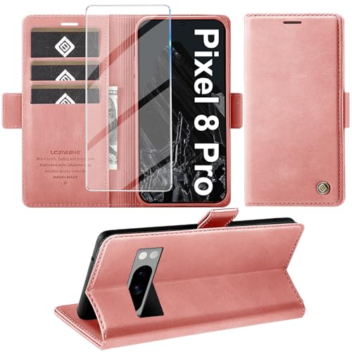 Giyer für Google Pixel 8 Pro Hülle mit Displayschutzfolie, Handyhülle Pixel 8 Pro Premium Leder Wallet Klapphülle Standfunktion Kartenfach Schutzhülle für Google 8 Pro Lederhülle Flip Case (Rosa) von Giyer