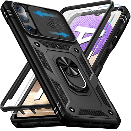 Giyer für Samsung Galaxy A32 Hülle mit Displayschutzfolie, Handyhülle A32 5G mit Kameraschutz Kartenschlitz 360° Metall Ring Ständer Stoßfest Bumper Schutzhülle Samsung A32 6.5" Case Cover (Schwarz) von Giyer