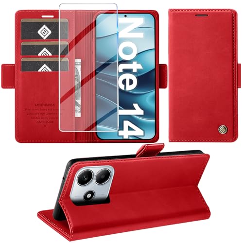 Giyer für Xiaomi Redmi Note 14 Hülle mit Schutzfolie, Handyhülle Redmi Note 14 5G PU Leder Wallet Flip Case, Schutzhülle Redmi Note 14 Klapphülle mit Kartenfach Standfunktion (Rot) von Giyer