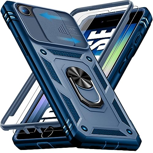 Giyer für iPhone SE 2022/2020 8 7 Hülle mit Schutzfolie, Handyhülle für iPhone 8 mit Kameraschutz 360° Metall Ring Ständer Stoßfest Bumper Schutzhülle für iPhone SE Case Cover Tache (Blau) von Giyer