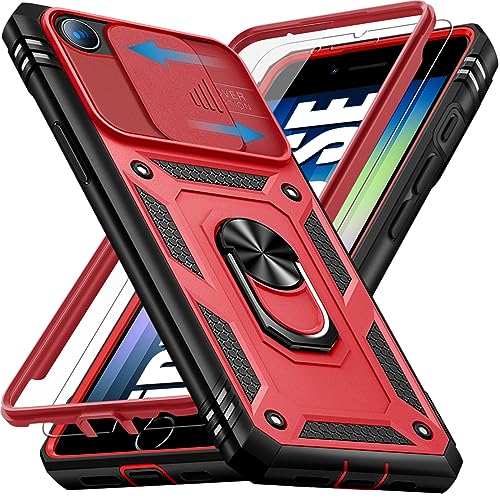 Giyer für iPhone SE 2022/2020 8 7 Hülle mit Schutzfolie, Handyhülle für iPhone 8 mit Kameraschutz 360° Metall Ring Ständer Stoßfest Bumper Schutzhülle für iPhone SE Case Cover Tache (Rot) von Giyer