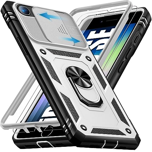 Giyer für iPhone SE 2022/2020 8 7 Hülle mit Schutzfolie, Handyhülle für iPhone 8 mit Kameraschutz 360° Metall Ring Ständer Stoßfest Bumper Schutzhülle für iPhone SE Case Cover Tache (Weiß) von Giyer