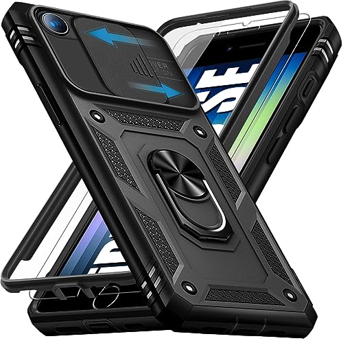 Giyer iPhone SE 2022/2020 8 7 Hülle Mit Schutzfolie, Kameraschutz, 360° Metall Ring Ständer, Stoßfest Bumper Schutzhülle Case Cover Tache (Schwarz) von Giyer