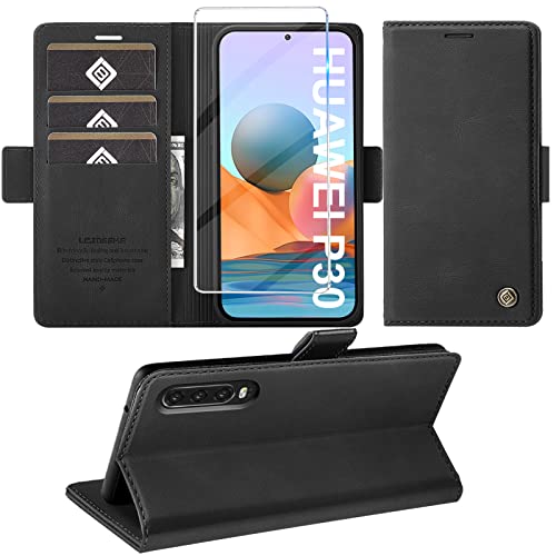 Handyhülle für Huawei P30 Hülle mit Schutzfolie, Standfunktion Kartenfach Wallet Premium Leder Schutzhülle P30 Flip Case Cover Stoßfeste Klapphülle P30 6.1 Zoll von Giyer