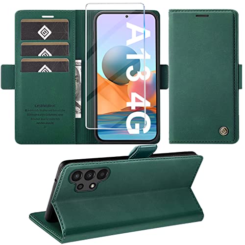 Handyhülle für Samsung Galaxy A13 4G Hülle mit Schutzfolie, Standfunktion Kartenfach Wallet Premium Leder Schutzhülle A13 4G Flip Case Cover Stoßfeste Klapphülle A13 4G 6.5 Zoll (grün) von Giyer