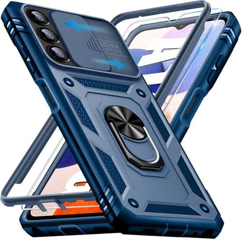 Handyhülle für Samsung Galaxy A14 5G Hülle mit Schutzfolie, Galaxy A14 5G Schutzhülle mit Kameraschutz 360° Drehbarer Metall Ring Ständer Stoßfest Bumper A14 5G 6.8" Case Cover (Blau) von Giyer