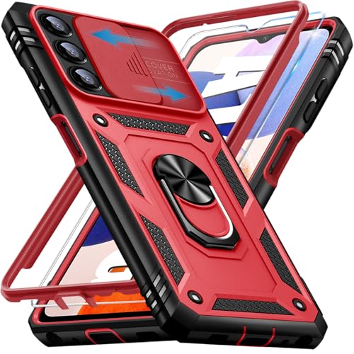 Handyhülle für Samsung Galaxy A14 5G Hülle mit Schutzfolie, Galaxy A14 5G Schutzhülle mit Kameraschutz 360° Drehbarer Metall Ring Ständer Stoßfest Bumper A14 5G 6.8" Case Cover (Rot) von Giyer